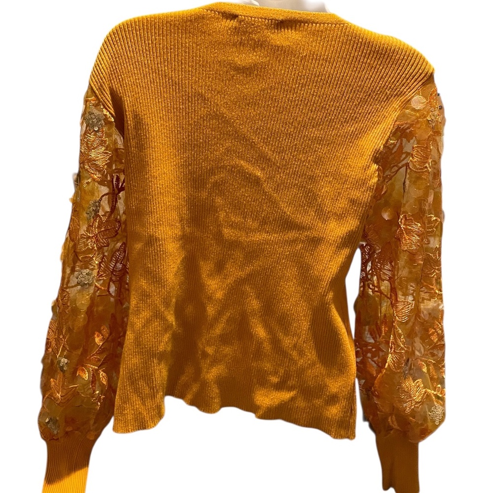 Sioni Milano Sweater Puffed Sheer Sequenced Sleeves Med Ribbed Knit Stretch NWT - Picture 3 of 13